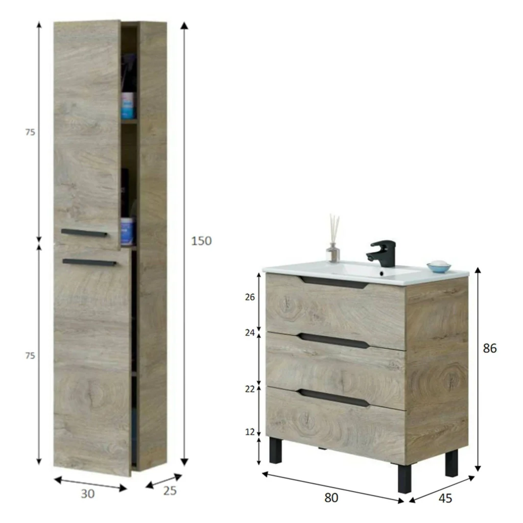Sortino, set Mobili Bagno 3 Cassetti, Marrone Quercia - Image 3