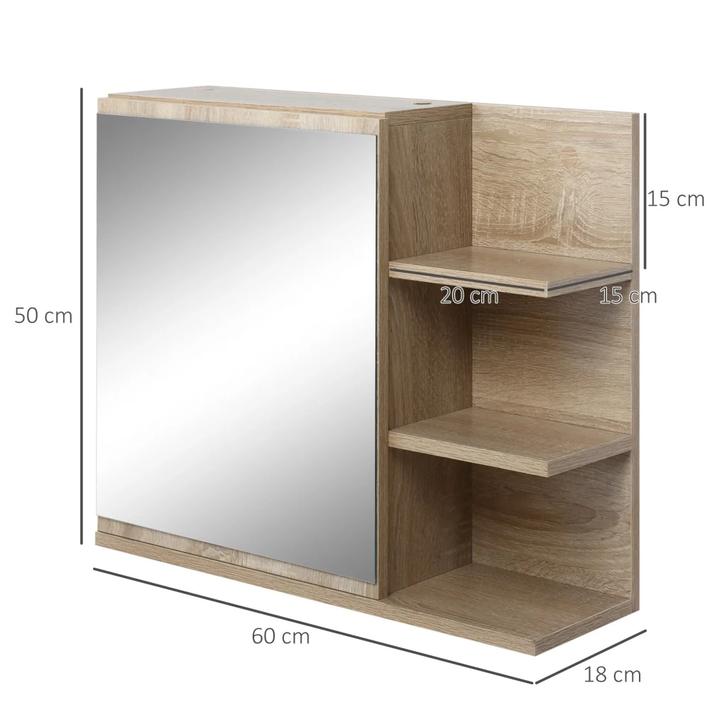 Specchiera Bagno a Parete 60x18x50 cm con Anta e 3 Ripiani Laterali in Legno - Image 3