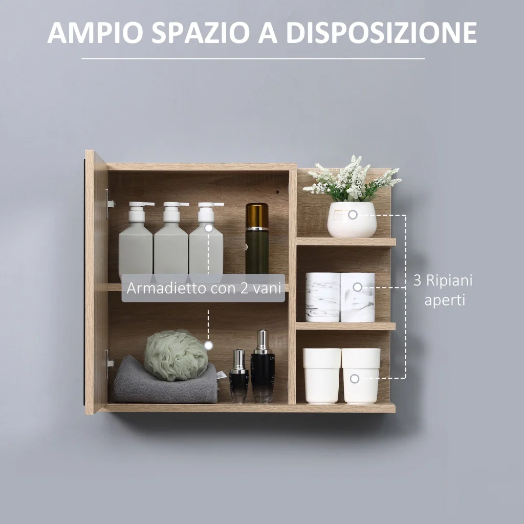 Specchiera Bagno a Parete 60x18x50 cm con Anta e 3 Ripiani Laterali in Legno - Image 4