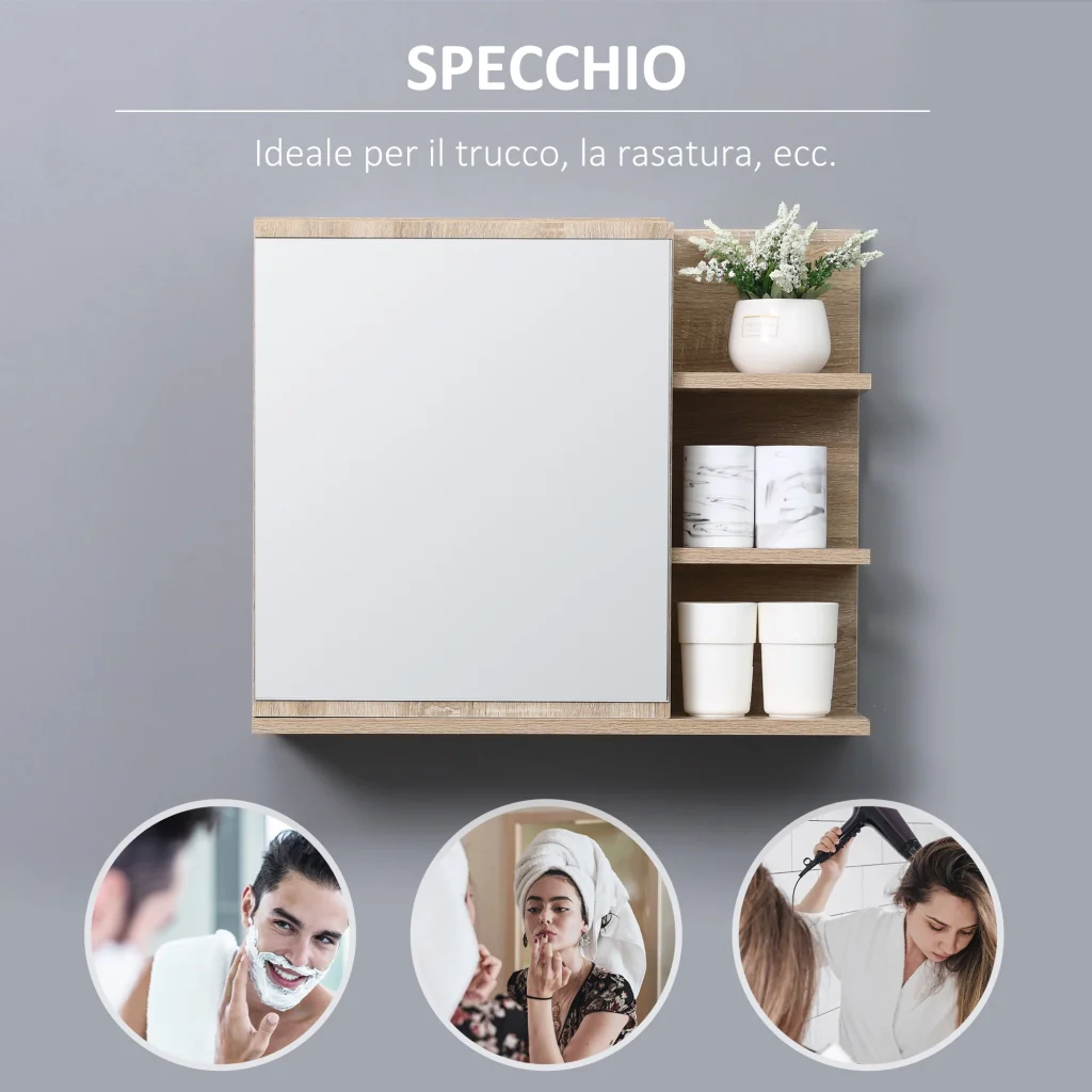 Specchiera Bagno a Parete 60x18x50 cm con Anta e 3 Ripiani Laterali in Legno - Image 5
