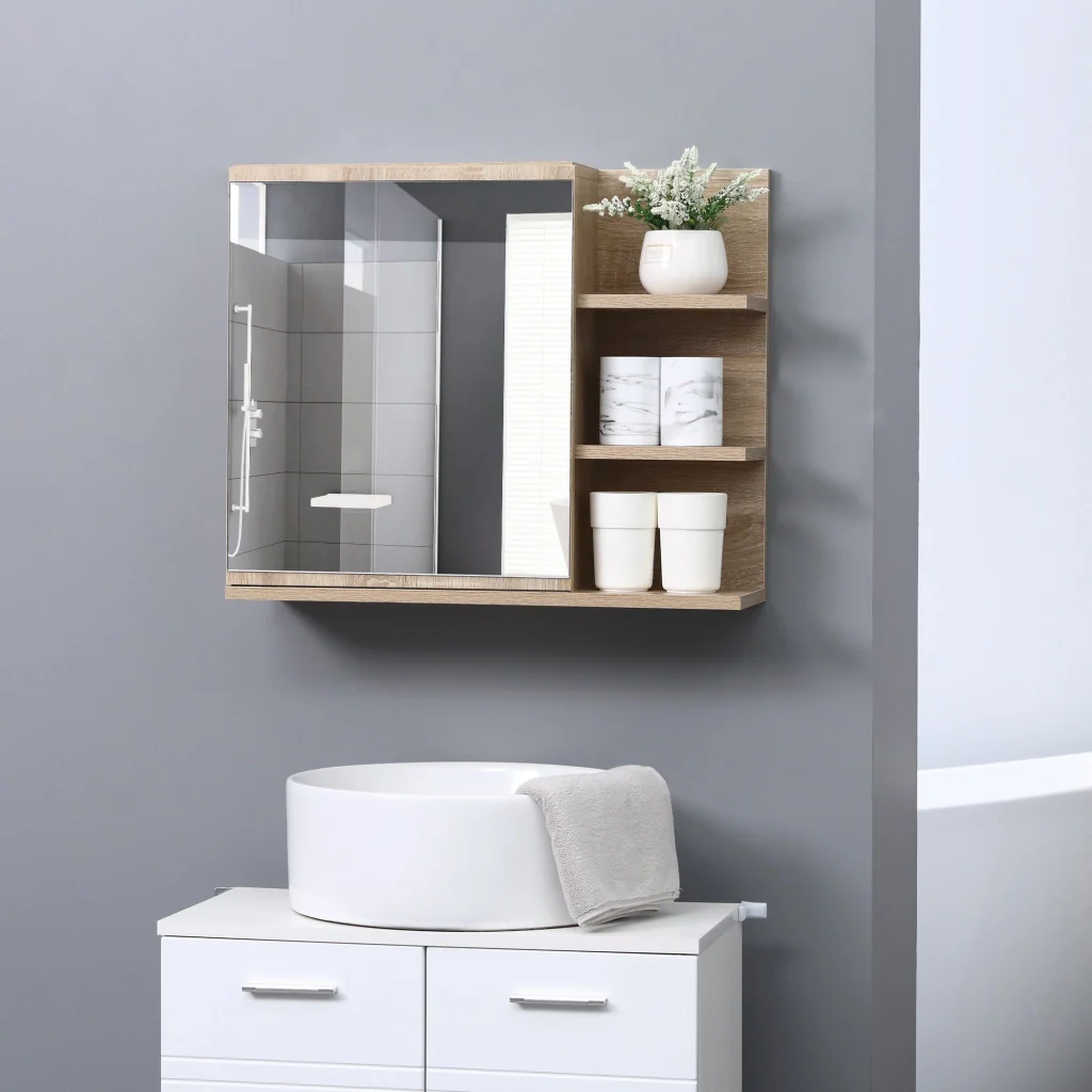 Specchiera Bagno a Parete 60x18x50 cm con Anta e 3 Ripiani Laterali in Legno - Image 9