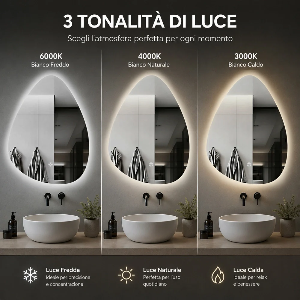 Specchio a Goccia Diametro 50x60 cm Led a 3 Colori Dimmerabile Accensione Touch - Image 6