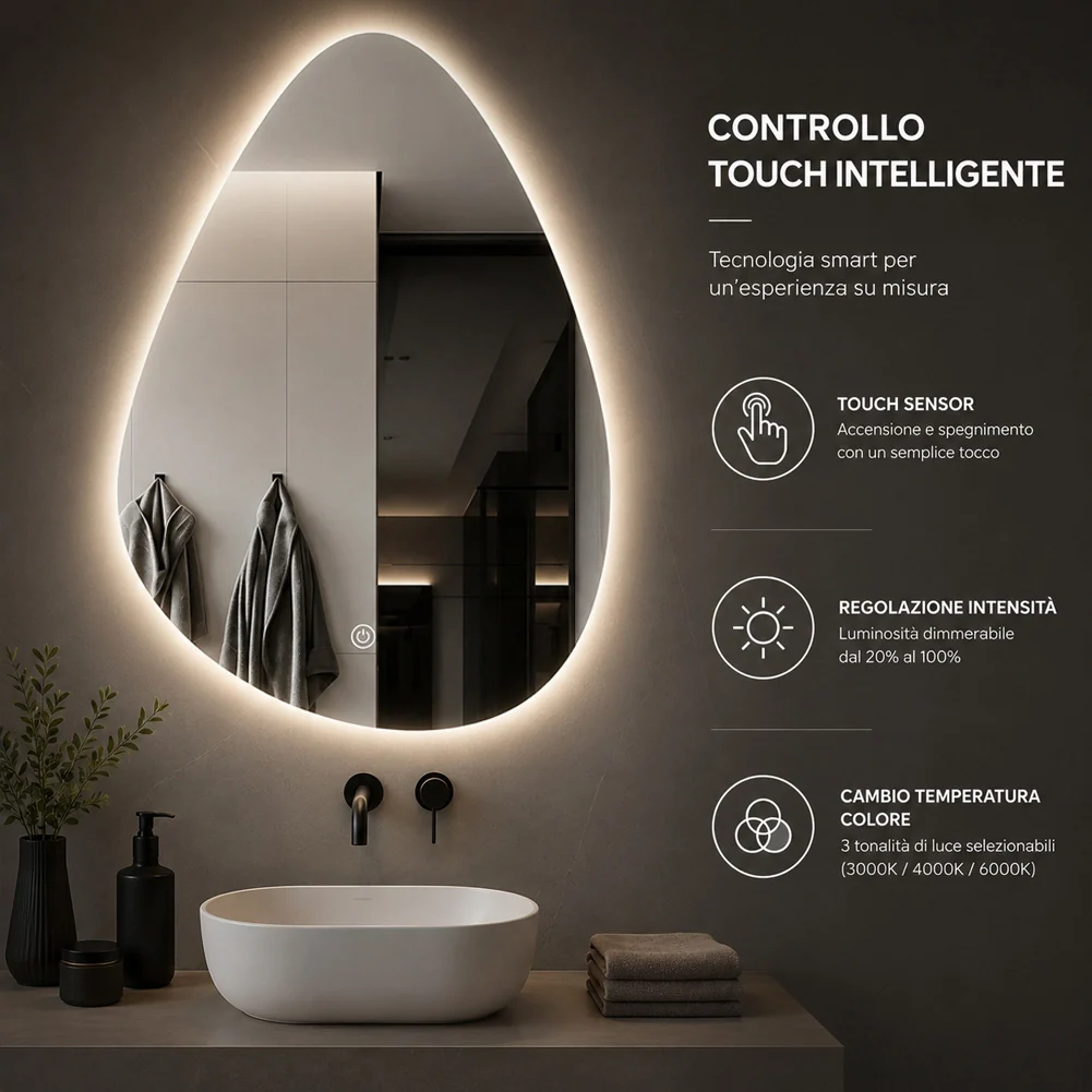 Specchio a Goccia Diametro 60x70 cm Led a 3 Colori Dimmerabile Accensione Touch - Image 4
