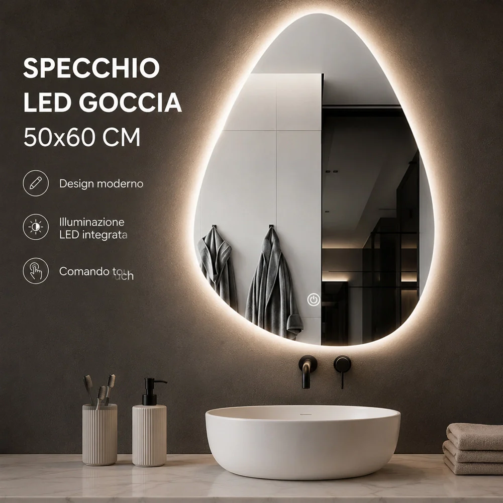Specchio a Goccia Diametro 60x70 cm Led a 3 Colori Dimmerabile Accensione Touch - Image 5