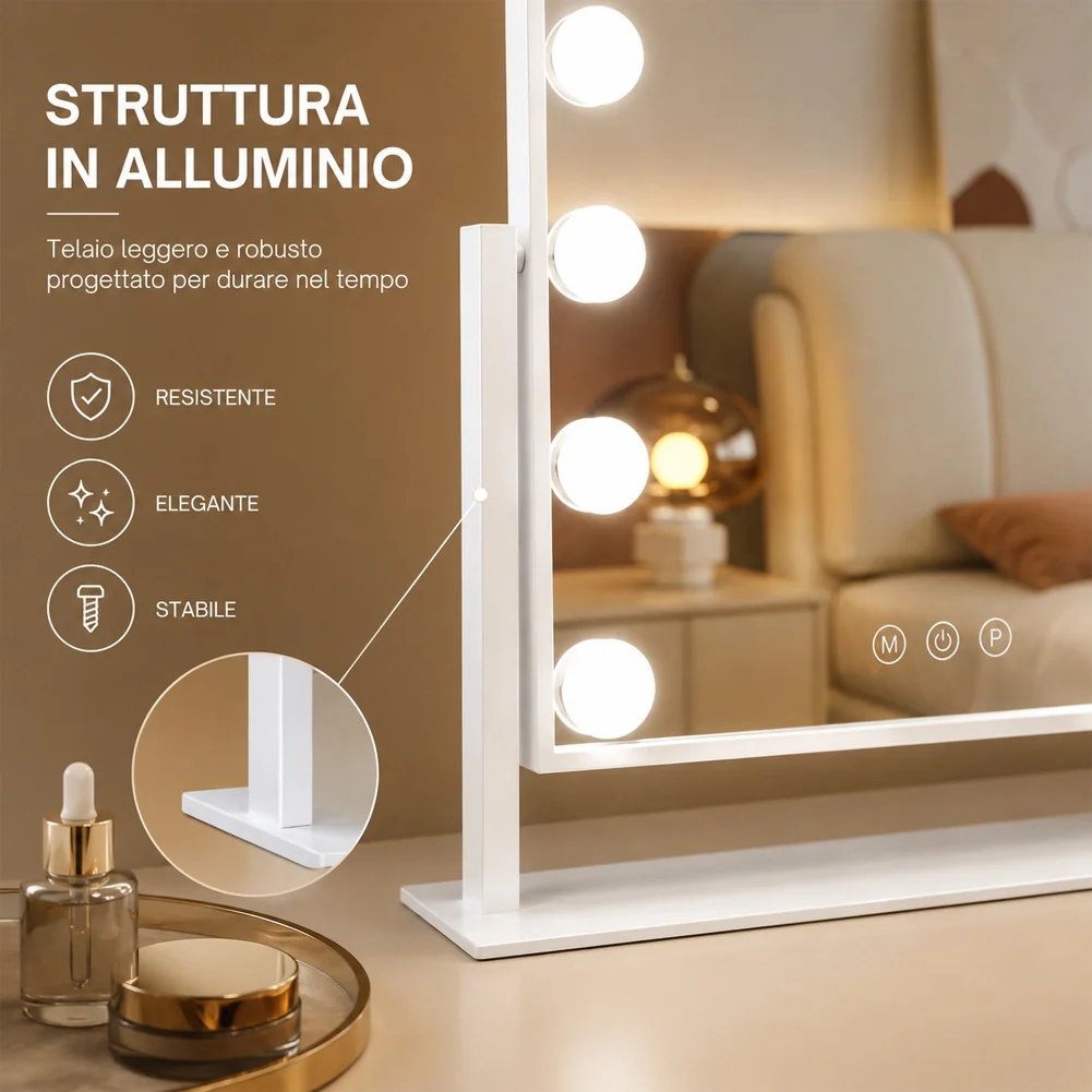 Specchio ad Arco da Tavolo Struttura in Alluminio e Led a Bulbi 3 Colori 30x40cm - Image 3