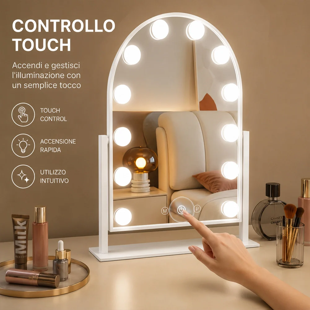 Specchio ad Arco da Tavolo Struttura in Alluminio e Led a Bulbi 3 Colori 30x40cm - Image 4