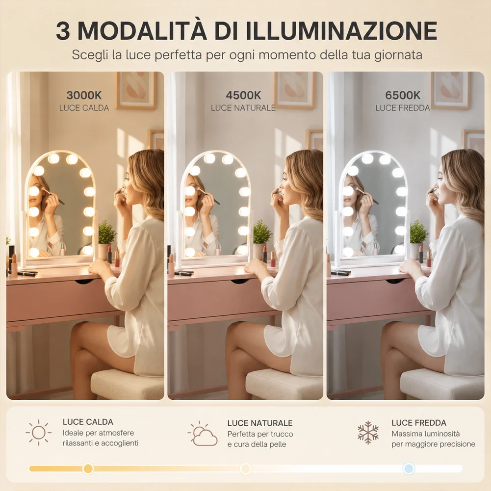 Specchio ad Arco da Tavolo Struttura in Alluminio e Led a Bulbi 3 Colori 30x40cm - Image 7