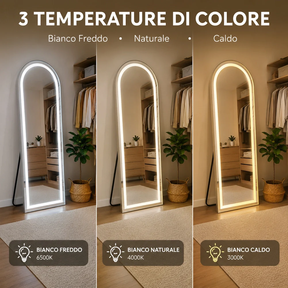 Specchio ad Arco Figura Intera Alluminio e Led a 3 Colori Dimmerabile 160x50cm - Image 3