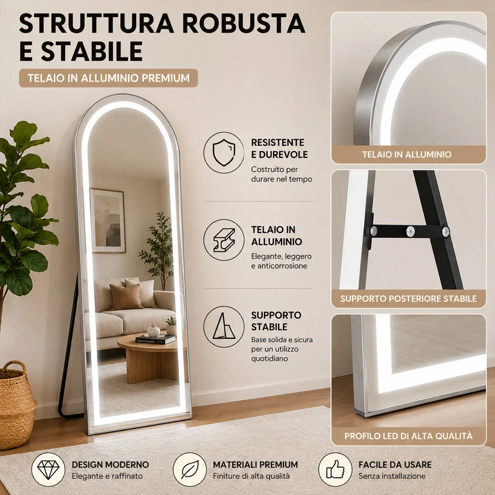 Specchio ad Arco Figura Intera Alluminio e Led a 3 Colori Dimmerabile 160x50cm - Image 4