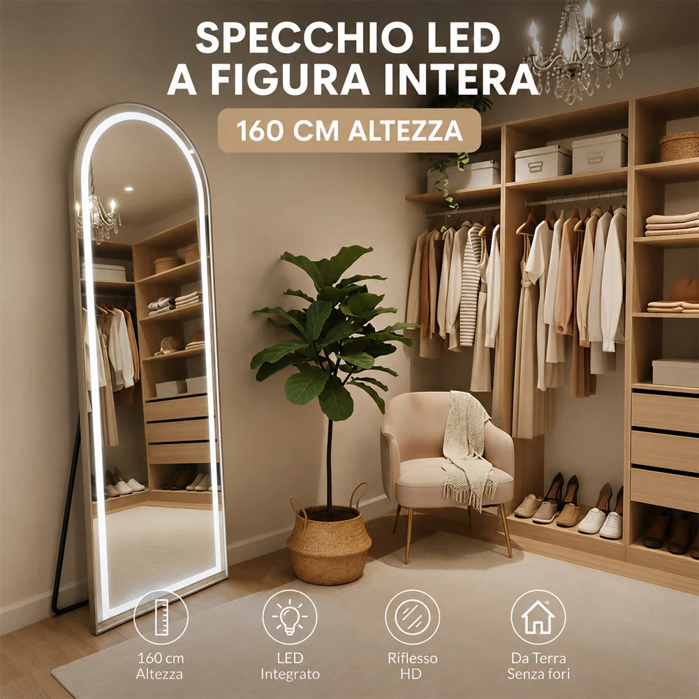 Specchio ad Arco Figura Intera Alluminio e Led a 3 Colori Dimmerabile 160x50cm - Image 7