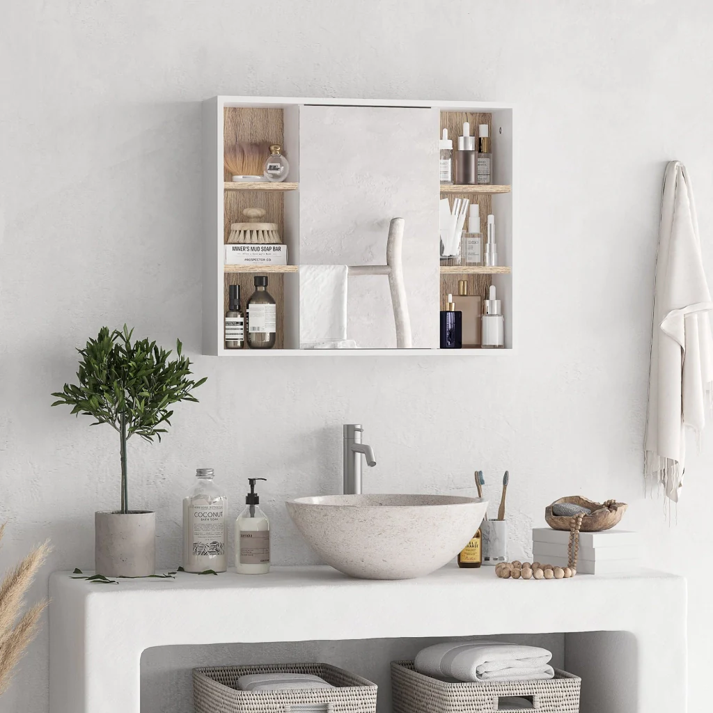Specchio Armadietto da Bagno Pensile 60x14,5x49,4 cm in MDF e Truciolato Bianco e Legno Naturale - Image 2