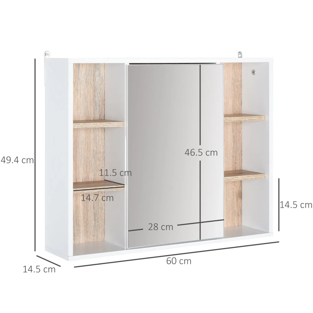 Specchio Armadietto da Bagno Pensile 60x14,5x49,4 cm in MDF e Truciolato Bianco e Legno Naturale - Image 3