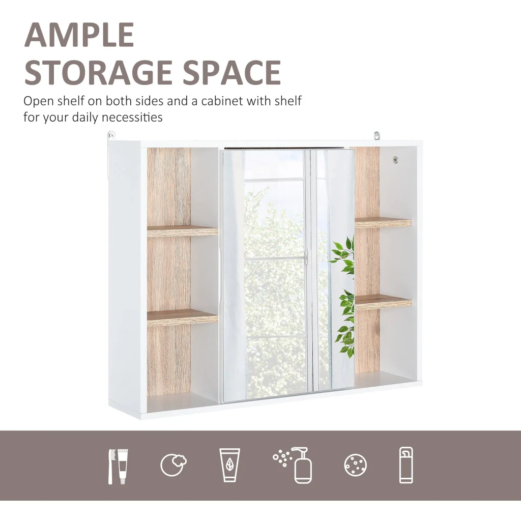 Specchio Armadietto da Bagno Pensile 60x14,5x49,4 cm in MDF e Truciolato Bianco e Legno Naturale - Image 4