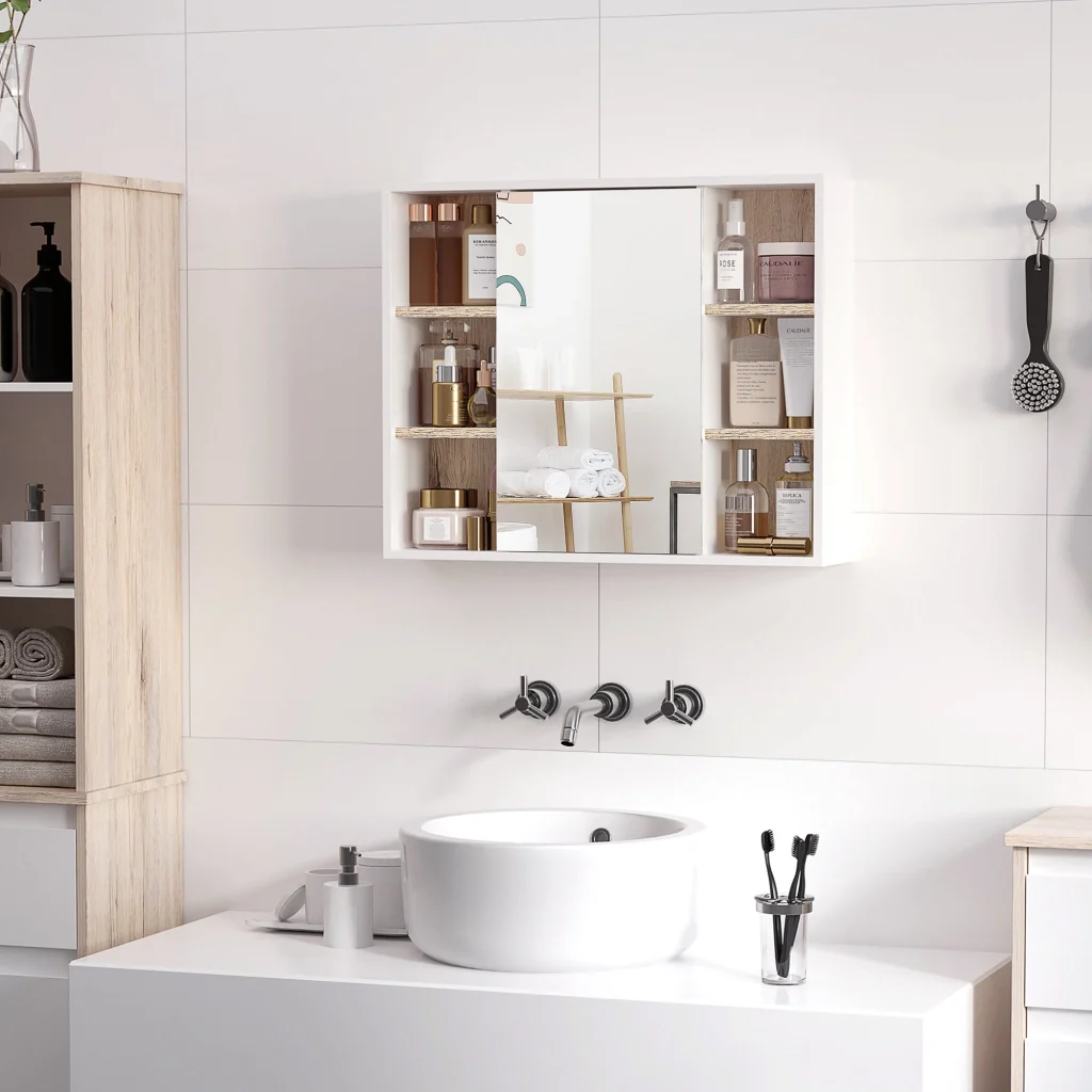 Specchio Armadietto da Bagno Pensile 60x14,5x49,4 cm in MDF e Truciolato Bianco e Legno Naturale - Image 7