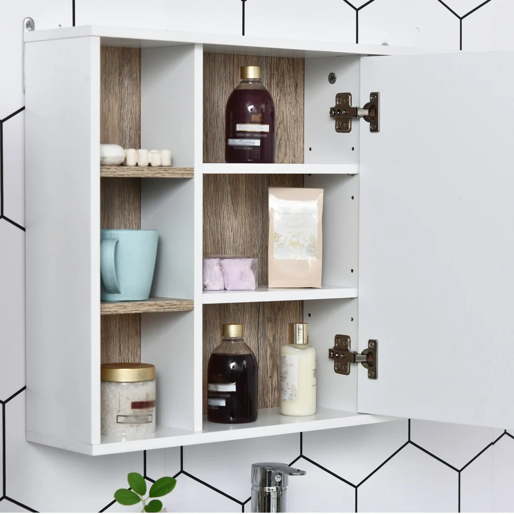 Specchio Armadietto da Bagno Pensile 60x14,5x49,4 cm in MDF e Truciolato Bianco e Legno Naturale - Image 9