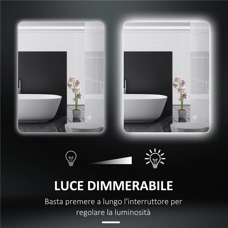 SPECCHIO BAGNO CON LUCI LED REGOLABILI INTERRUTTORI TOUCH E FUNZIONE ANTIAPPANNAMENTO 70X50 CM - Image 2