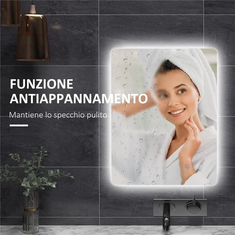 SPECCHIO BAGNO CON LUCI LED REGOLABILI INTERRUTTORI TOUCH E FUNZIONE ANTIAPPANNAMENTO 70X50 CM - Image 3