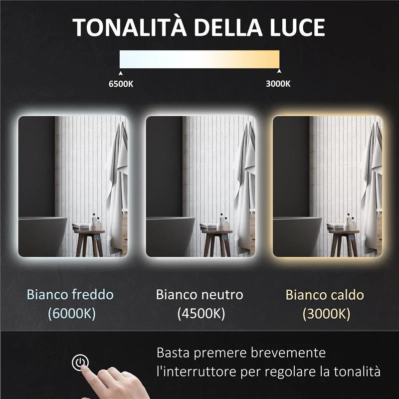 SPECCHIO BAGNO CON LUCI LED REGOLABILI INTERRUTTORI TOUCH E FUNZIONE ANTIAPPANNAMENTO 70X50 CM - Image 5