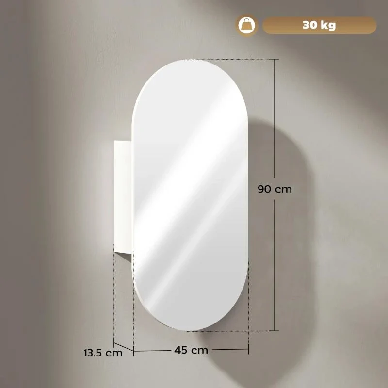 SPECCHIO BAGNO OVALE MODERNO CON ARMADIETTO E DUE RIPIANI, 45X90 CM, BIANCO - Image 6