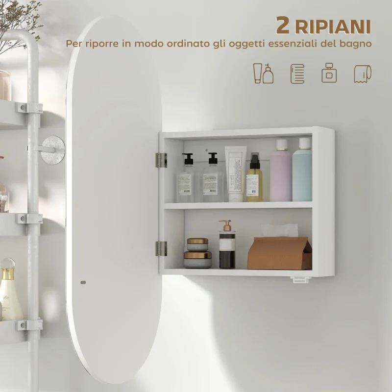 SPECCHIO BAGNO OVALE MODERNO CON ARMADIETTO E DUE RIPIANI, 45X90 CM, BIANCO - Image 7
