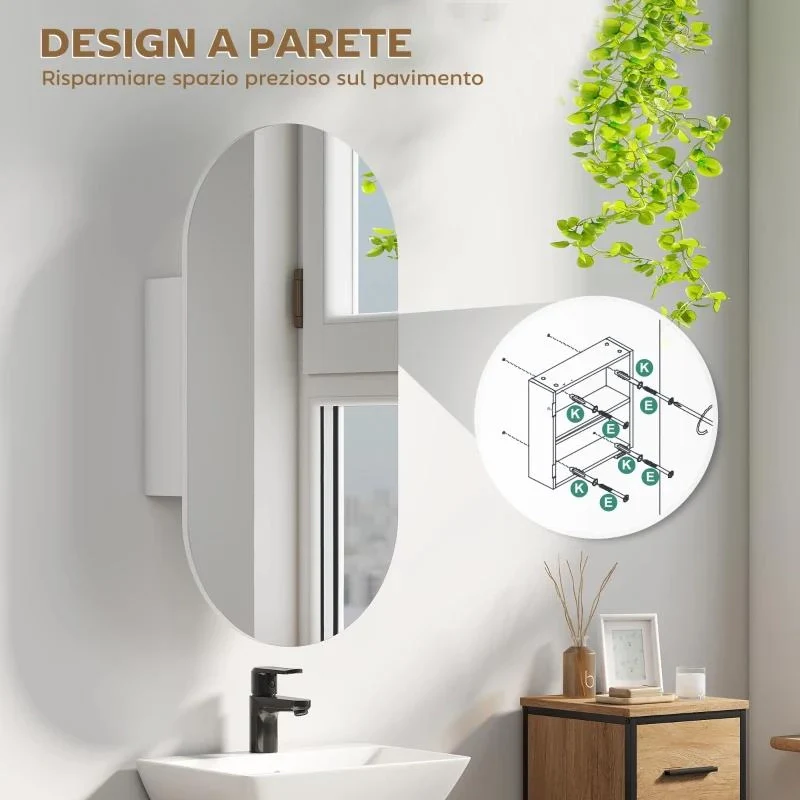 SPECCHIO BAGNO OVALE MODERNO CON ARMADIETTO E DUE RIPIANI, 45X90 CM, BIANCO - Image 8