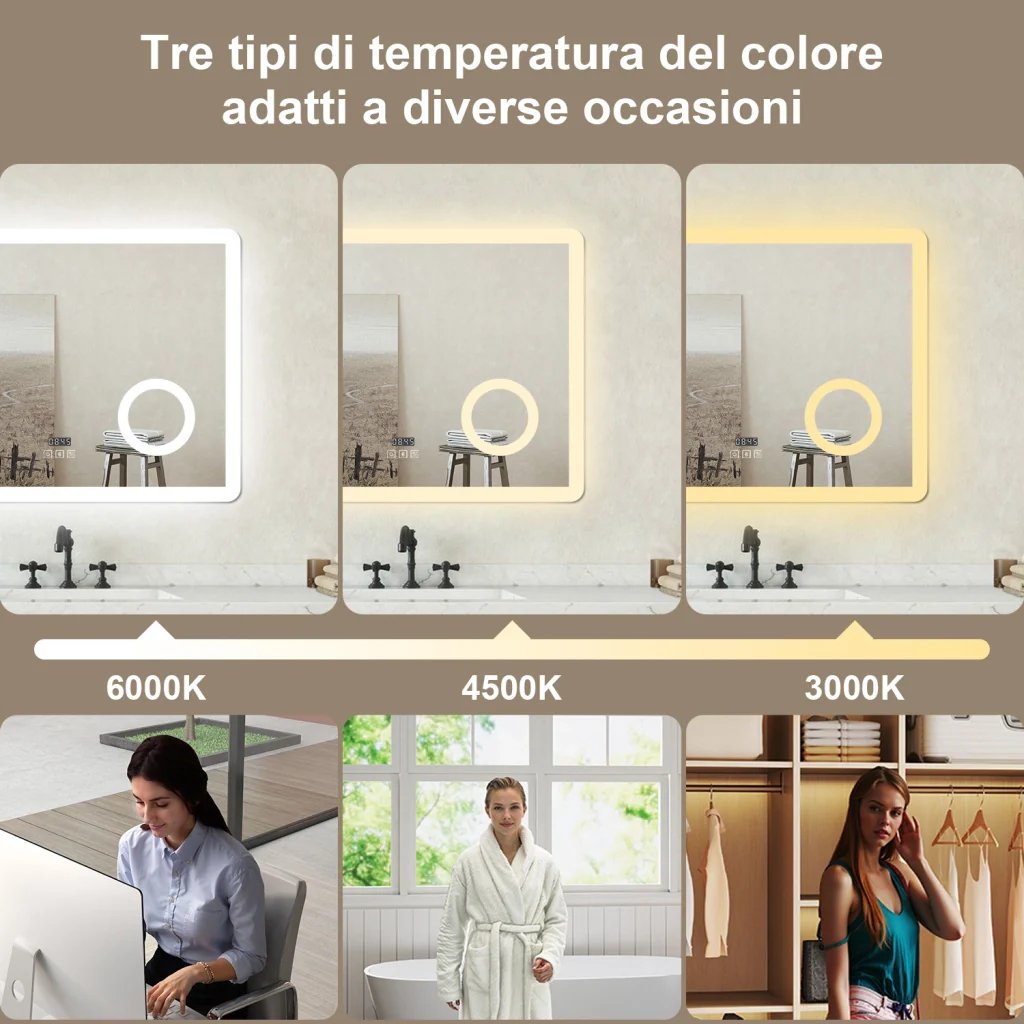Specchio bagno Rettangolare 100x60cm Led Con 3 Luci + 3X Lente d'ingrandimento + Bluetooth + Orologio + Antiappannamento - Image 4
