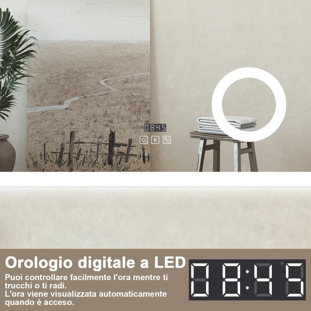Specchio bagno Rettangolare 100x60cm Led Con 3 Luci + 3X Lente d'ingrandimento + Bluetooth + Orologio + Antiappannamento - Image 5