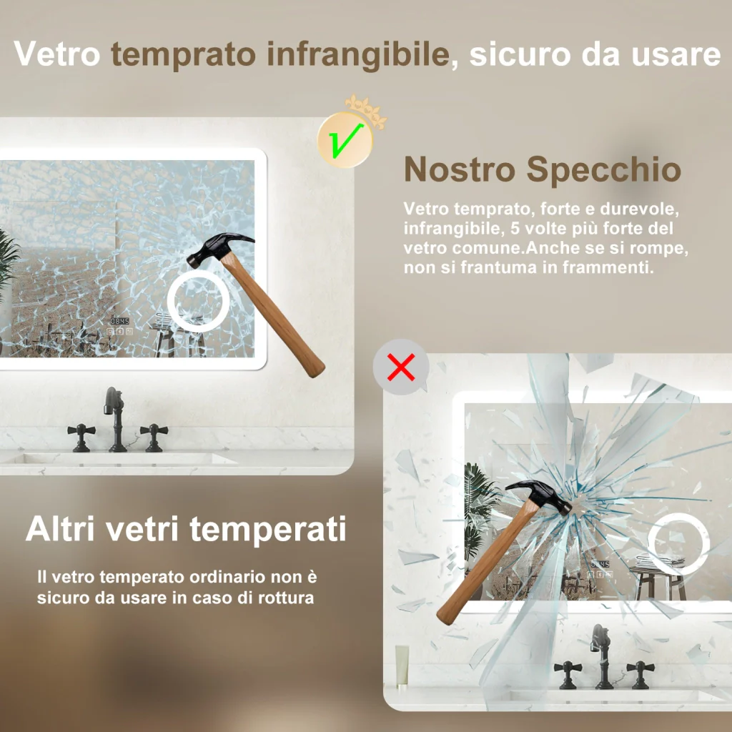 Specchio bagno Rettangolare 100x60cm Led Con 3 Luci + 3X Lente d'ingrandimento + Bluetooth + Orologio + Antiappannamento - Image 7