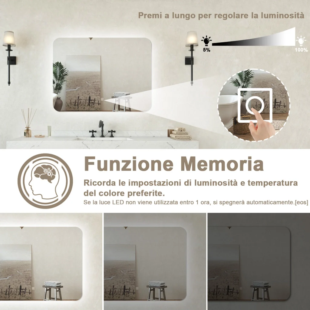 Specchio bagno Rettangolare 120x70cm Retroilluminato Con Led, 3 Luci, Design Moderno - Image 4