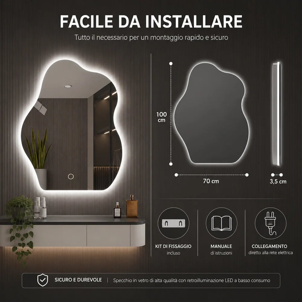 Specchio Forma Ondulata da Parete 50x70cm con Led Bianco Freddo Caldo e Naturale - Image 3