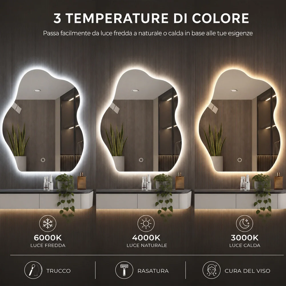 Specchio Forma Ondulata da Parete 50x70cm con Led Bianco Freddo Caldo e Naturale - Image 5
