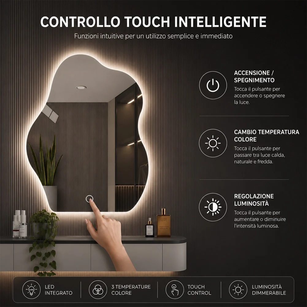 Specchio Forma Ondulata da Parete 50x70cm con Led Bianco Freddo Caldo e Naturale - Image 6
