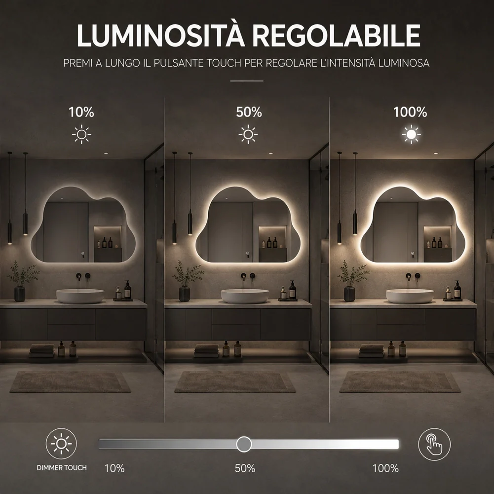 Specchio Led Nuvola con Led 3 Colori Dimmerabile 50x70 cm con Pulsante Touch - Image 3