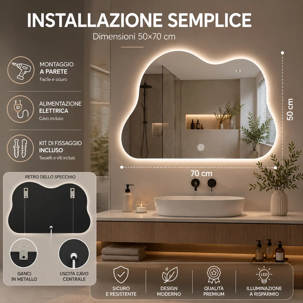 Specchio Led Nuvola con Led 3 Colori Dimmerabile 50x70 cm con Pulsante Touch - Image 5