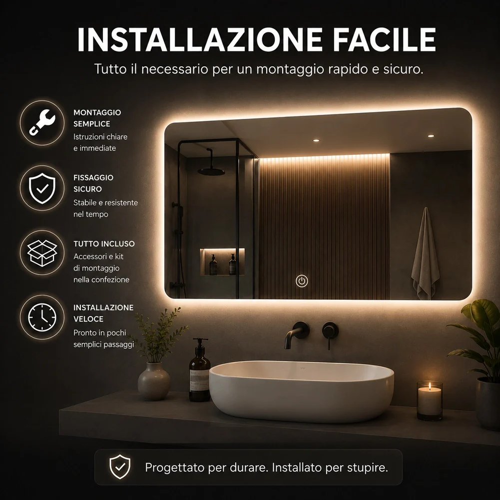 Specchio Led Rettangolare con Led 3 Colori Dimmerabile 70x50 cm Pulsante Touch - Image 3