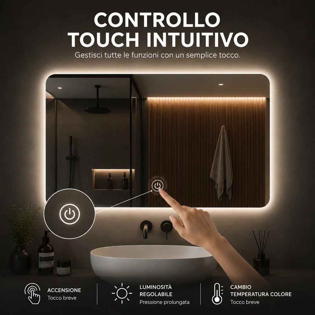 Specchio Led Rettangolare con Led 3 Colori Dimmerabile 70x50 cm Pulsante Touch - Image 4