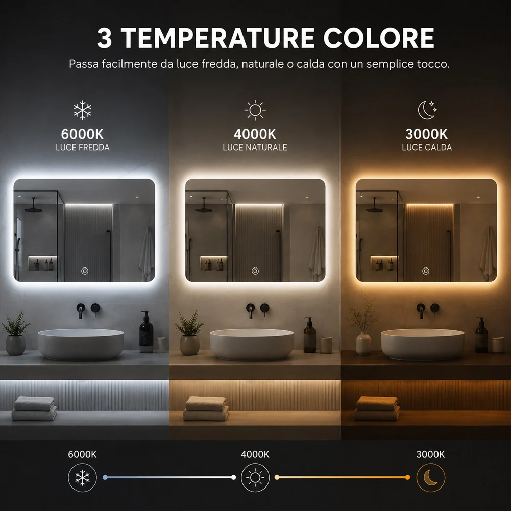Specchio Led Rettangolare con Led 3 Colori Dimmerabile 70x50 cm Pulsante Touch - Image 5