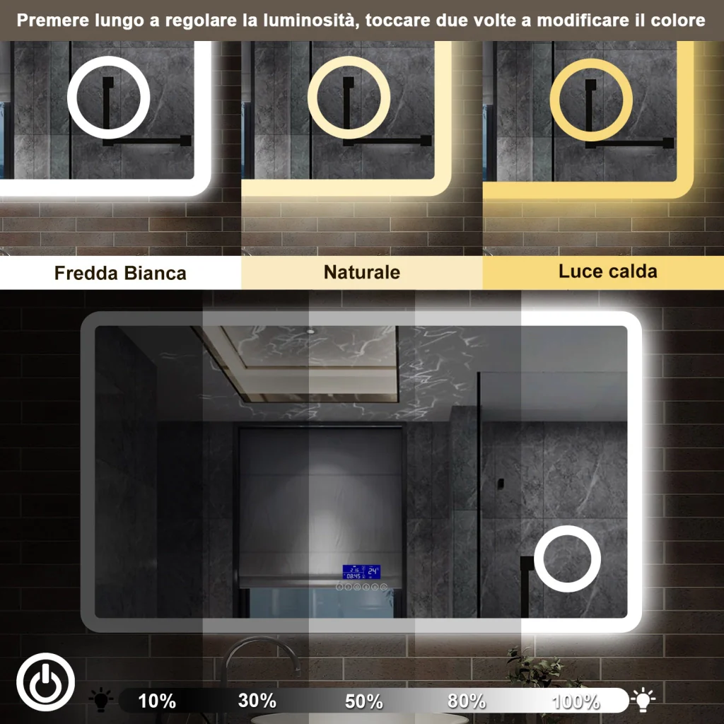 specchio rettangolare 120x70 cm con luce dimmerabile a 3 colori, bluetooth, antiappannamento e ingranditore 3x - Image 2