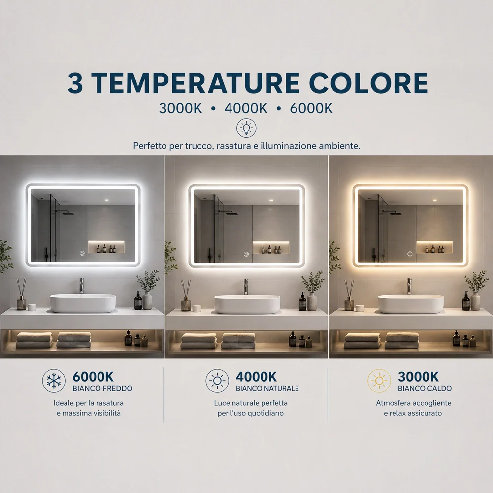 Specchio Rettangolare da Parete con Led Bianco Freddo Caldo e Naturale 80x60cm - Image 2
