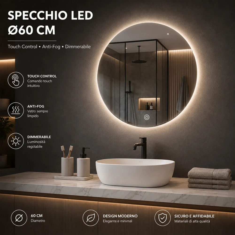 Specchio Tondo Diametro 60cm Led a 3 Colori Decorazione Interni Accensione Touch - Image 3
