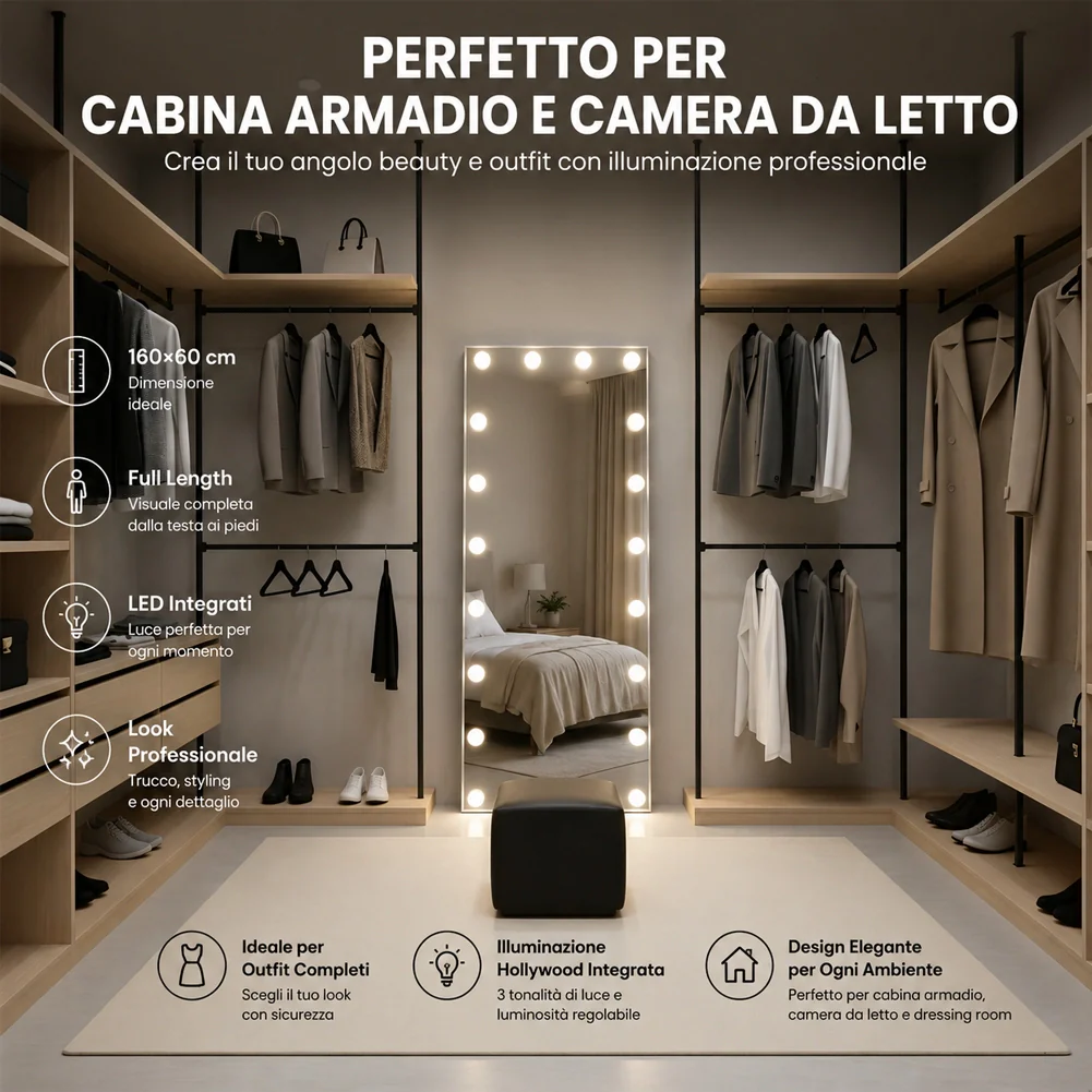 Specchio XXL Hollywood Figura Intera Indipendente con Led 3 Colori 60x160 cm - Image 2