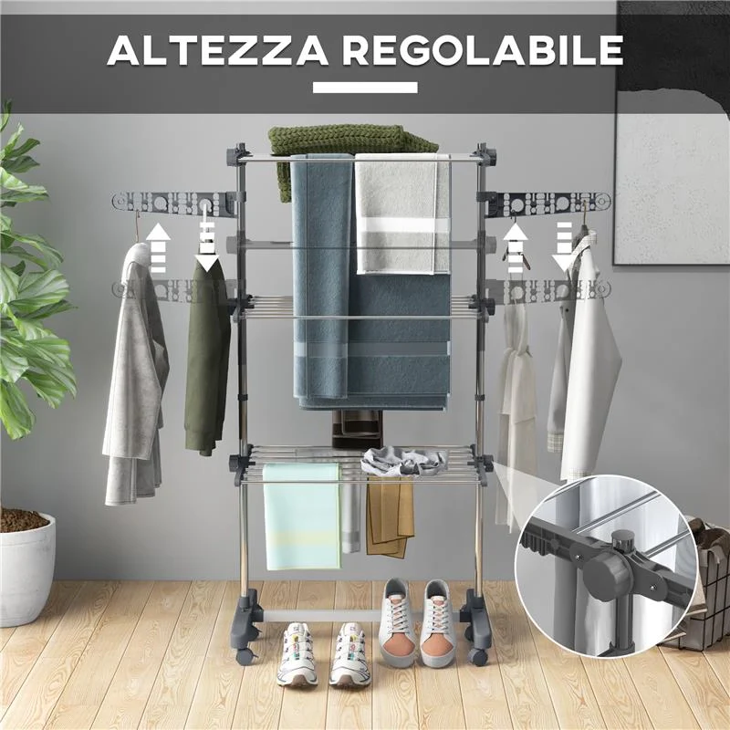 STENDINO VERTICALE CON 3 RIPIANI REGOLABILI IN ACCIAIO E PLASTICA 142X55X152 CM GRIGIO E ARGENTO - Image 3