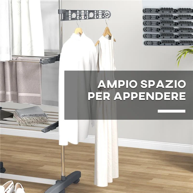 STENDINO VERTICALE CON 3 RIPIANI REGOLABILI IN ACCIAIO E PLASTICA 142X55X152 CM GRIGIO E ARGENTO - Image 7