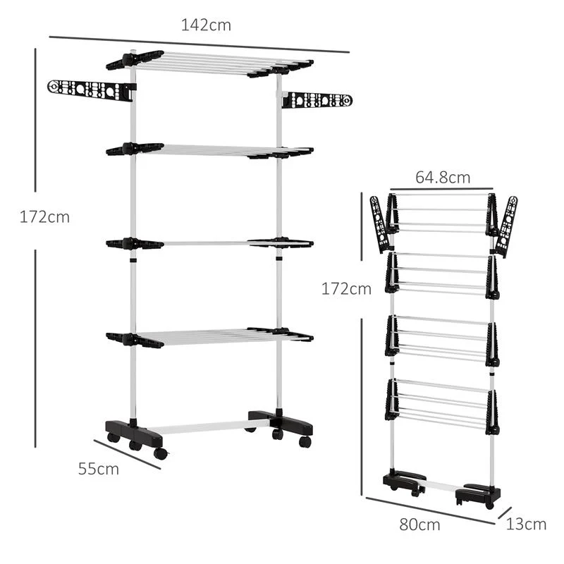 STENDINO VERTICALE CON 4 RIPIANI REGOLABILI, IN ACCIAIO E PLASTICA, 142X55X172 CM, NERO E ARGENTO - Image 5