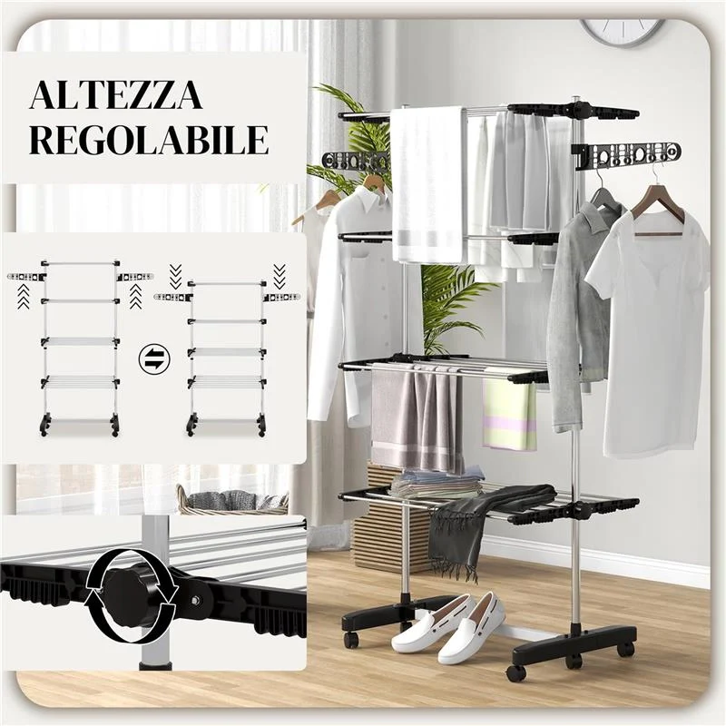 STENDINO VERTICALE CON 4 RIPIANI REGOLABILI, IN ACCIAIO E PLASTICA, 142X55X172 CM, NERO E ARGENTO - Image 6
