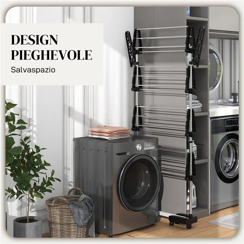 STENDINO VERTICALE CON 4 RIPIANI REGOLABILI, IN ACCIAIO E PLASTICA, 142X55X172 CM, NERO E ARGENTO - Image 7