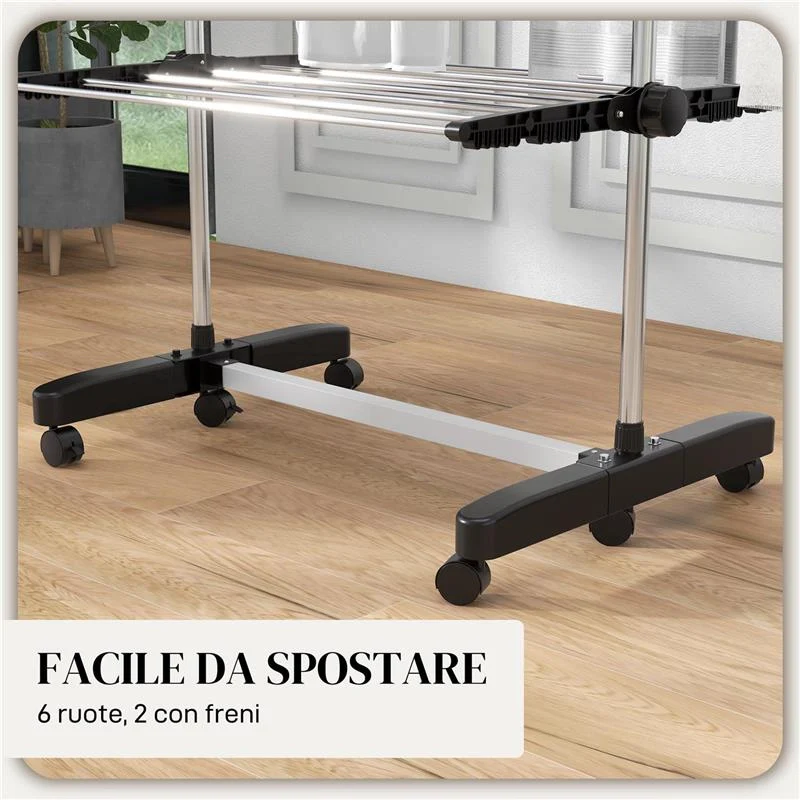 STENDINO VERTICALE CON 4 RIPIANI REGOLABILI, IN ACCIAIO E PLASTICA, 142X55X172 CM, NERO E ARGENTO - Image 8