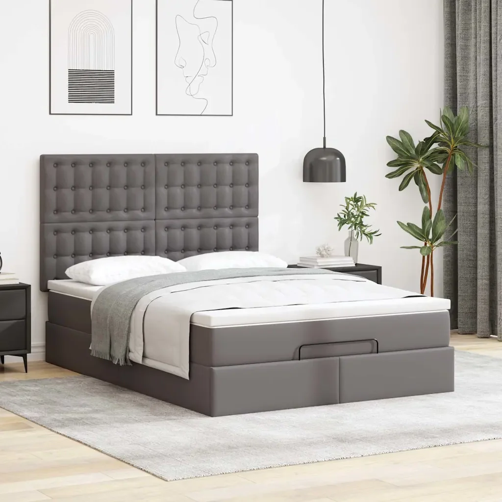 Struttura Letto Pouf con Materasso Grigio 140x190 cm Similpelle 3313853 - Image 4