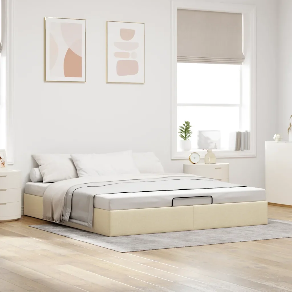 Struttura Letto Pouf senza Materasso Crema 160x200 cm Tessuto - Image 3