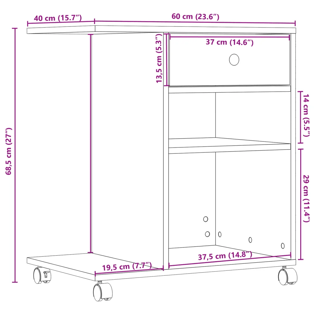 Supporto per Stampante con Ruote Rovere Fumo 60x40x68,5 cm 840643 - Image 10